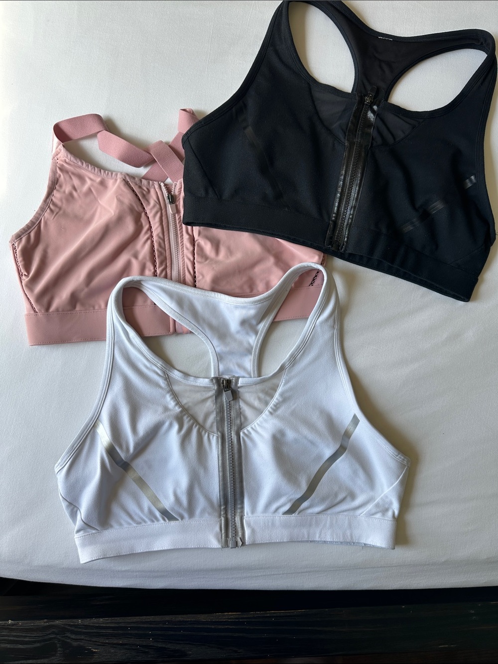 Fabletics Front-Zip Racerback Sports Bra - White, Black & Pink